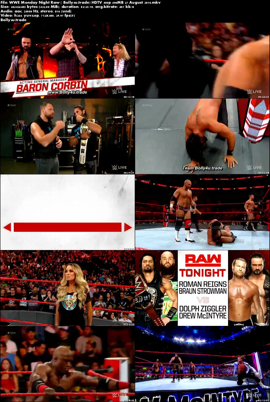 WWE Monday Night Raw HDTV 480p 400MB 27 August 2018 Download