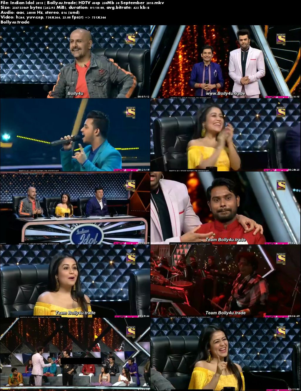 Indian Idol 2018 HDTV 480p 250Mb 30 September 2018 Download