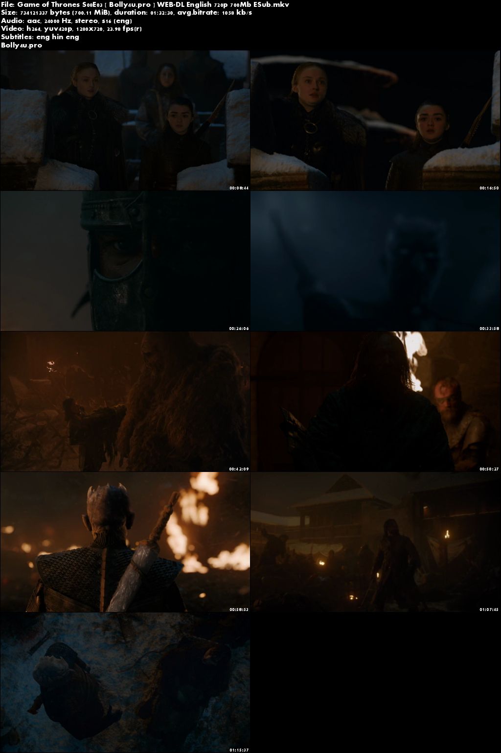 Game of Thrones S08E03 WEB-DL 700MB English 720p Hindi Sub Download