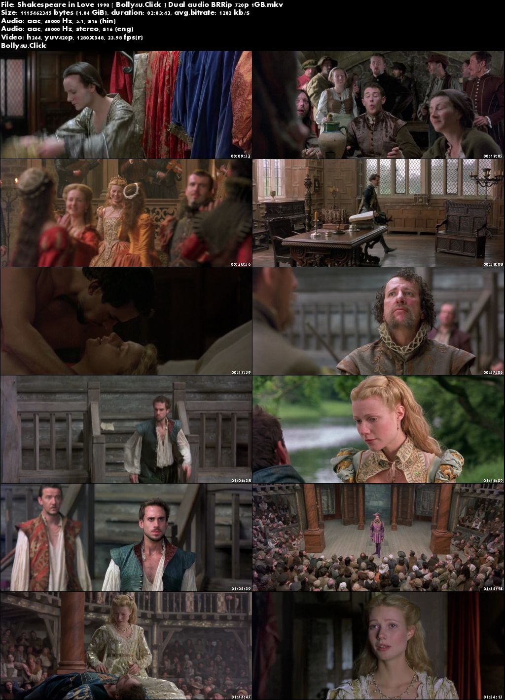 Shakespeare in Love 1998 BRRip 1GB Hindi Dual Audio 720p Download